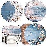Coaster for Drinks Set of 6, Sea Shells Wooden Beach Summer Absorbent Round Ceramic Stone Mat, with Cork Base and Metal Holder, Gift for Housewarming Room Bar Decor