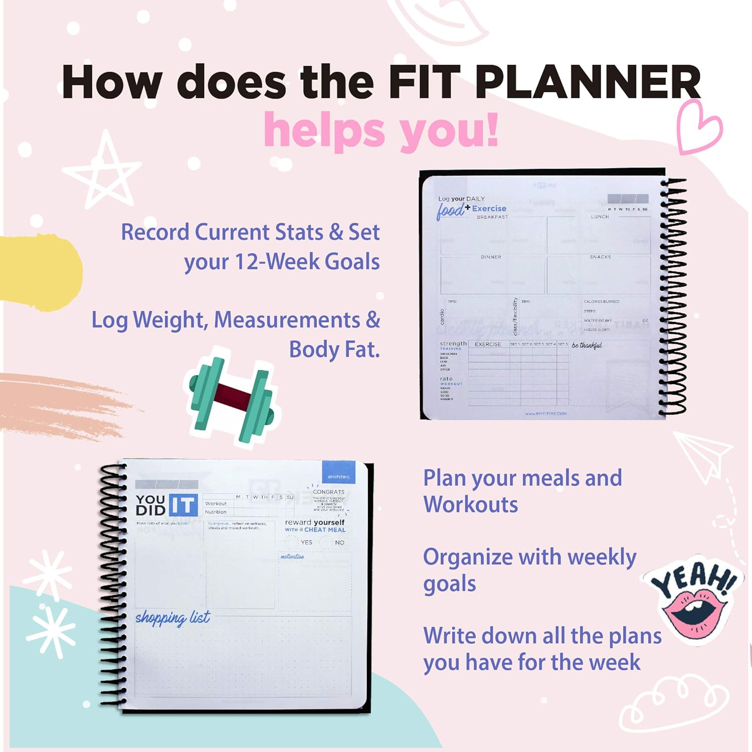 FITIME Fit Planner: Fitness Journal and Planner for Workouts, Weight Loss, Exercise & Meal prep.(Pink) : Sports & Outdoors