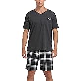 Vlazom Men's Pajama Sets Soft 2 Piece Pj's Set Short Sleeve Cotton Top and Plaid Pants for Loungewear Sleepwear with Pockets