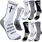 Glitopper 6 Pairs Christian Cross Socks Anti Slip Soccer Sock with Rubber Dot Religion Gift for Men Youth Women Sports