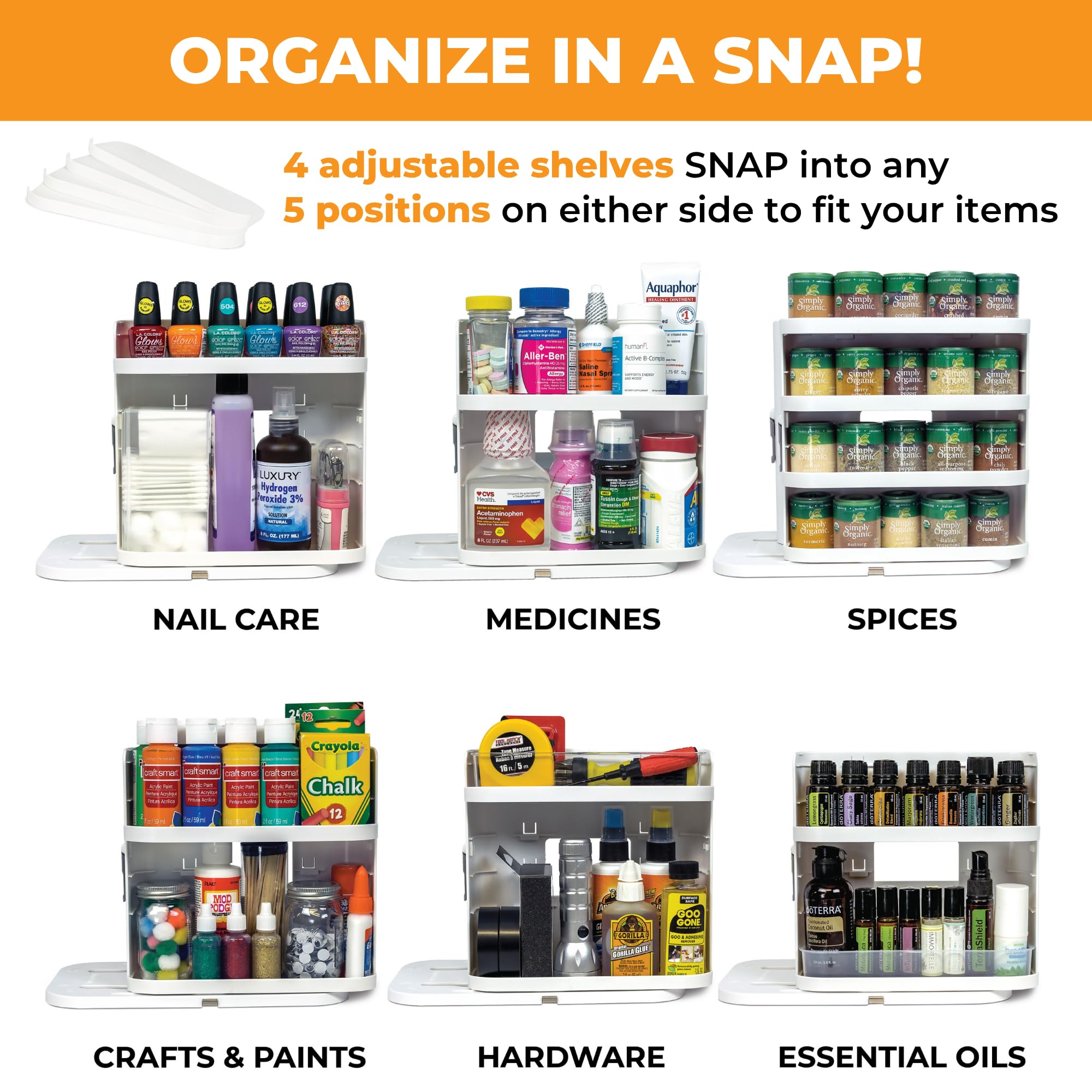 Cabinet Caddy SNAP! Spice Rack Organizer for Cabinet - Slide & Rotate Seasoning Organizer - 3 Snap-In Adjustable Shelves for 5 Tier of Storage - Magnetic Modular Design - 8.9”H x 6.1”W x 10.8”D