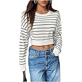 Verdusa Women's Striped Y2k Crop Sweaters Crew Neck Long Sleeve Pullover Knitted Tops
