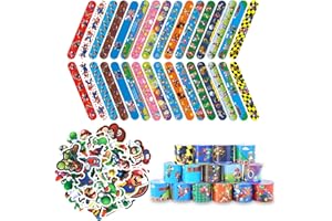 HHMJZW 32PCS Mario Bros Slap Bracelet Toys and 50 PCS cartoon Mario Bros party stickers carnival prizes - for Kids Boys & Girls Birthday Party Supplies Favors
