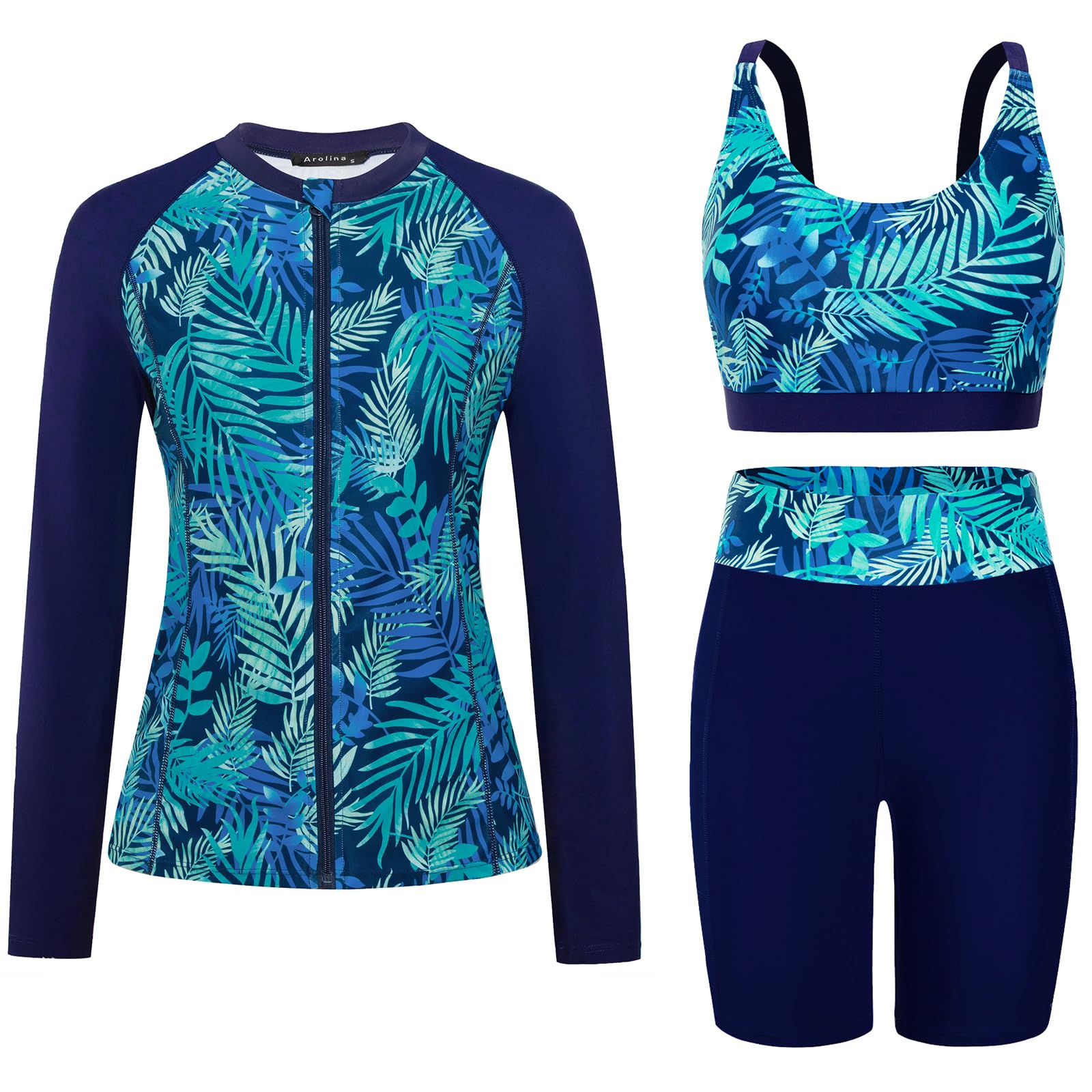 Photo 1 of Arolina Womens Plus Size Swimsuit Modest Bathing Suits Over 50 Long Sleeve Swimsuits with Swim Shorts Blue Leaves 20W