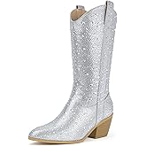 IDIFU IN3 Rhinestone Cowboy Boots for Women Mid Calf Sparkly Western Cowgirl Pointed Toe Booties Low Block Chunky Heel Glitter Country Cute Zipper Dress Booties Wedding Party Bling Shiny Boots
