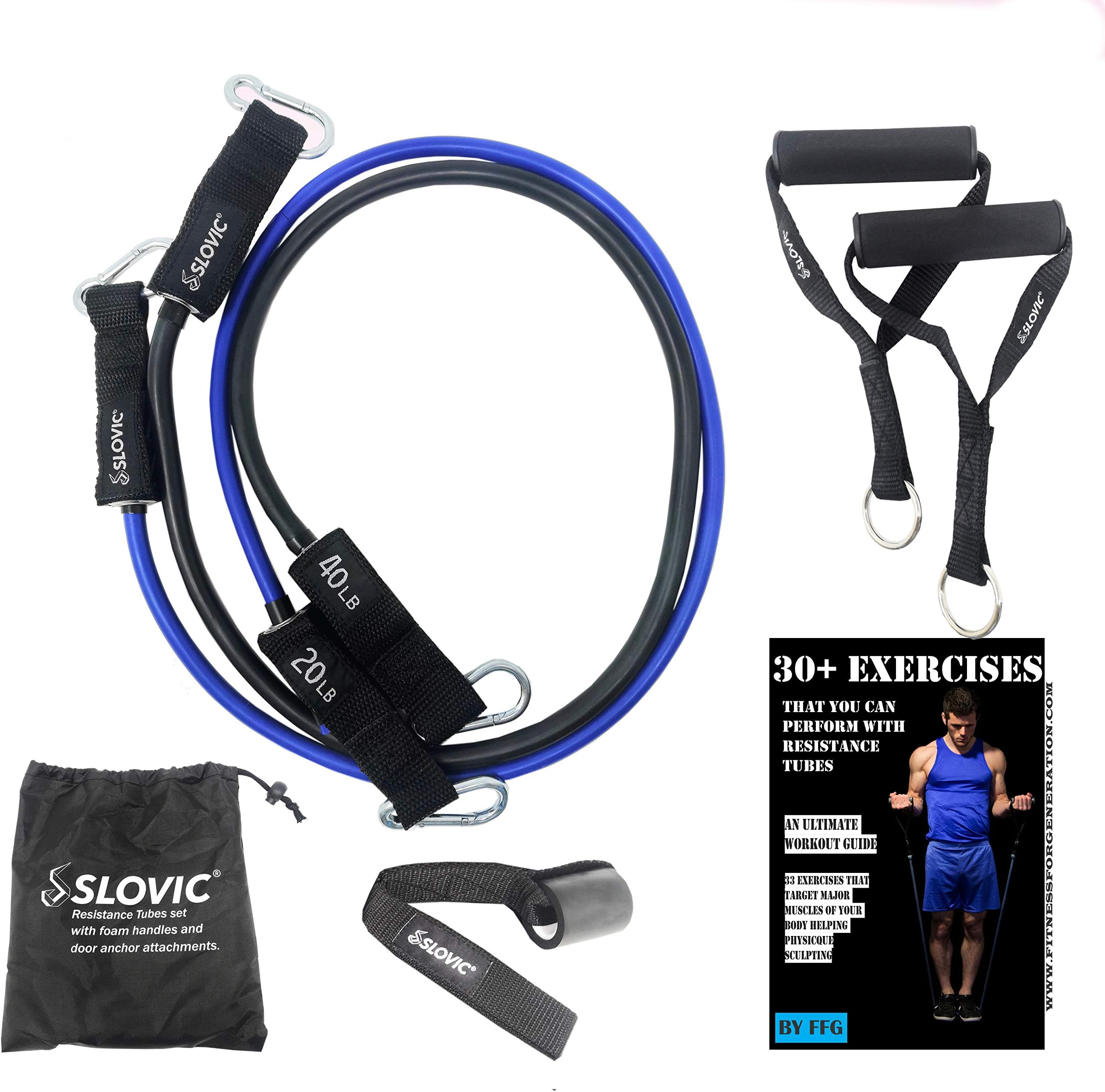 SLOVIC Resistance Tube/Band with Foam Handles, Door Anchor for Men and Women with Extensive Guide Containing 30 Plus Exercises.