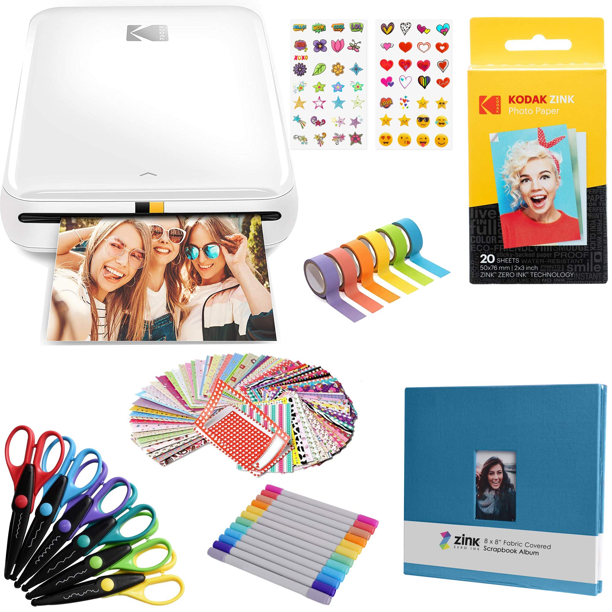 KODAK Step Wireless Mobile Instant Photo Printer (White) Scrapbook Bundle