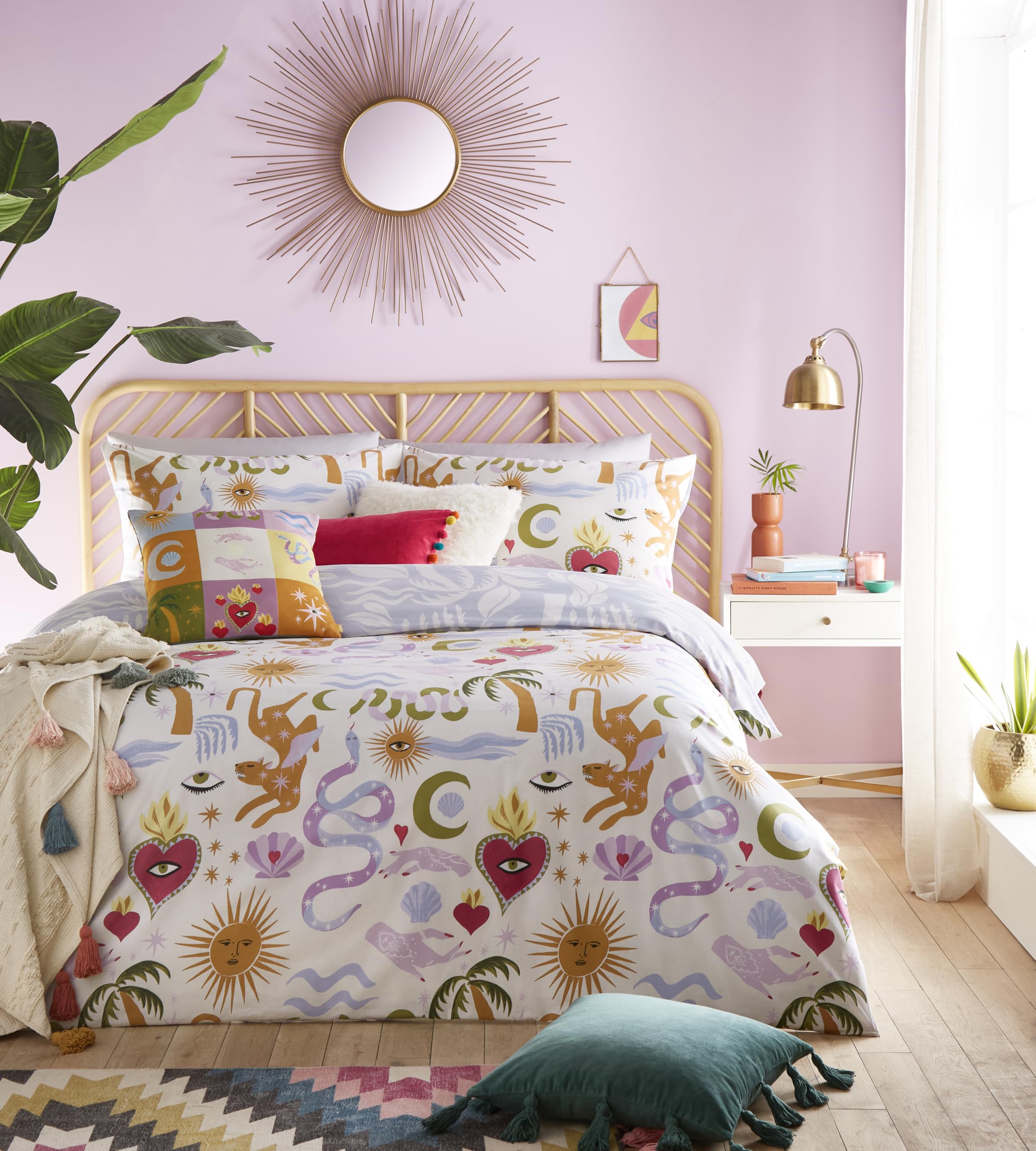 furn Alchemy Duvet Cover Set – Abstract Symbol Print with Floral Reverse, Reversible Polycotton Bedding (Multicolour – Super King)