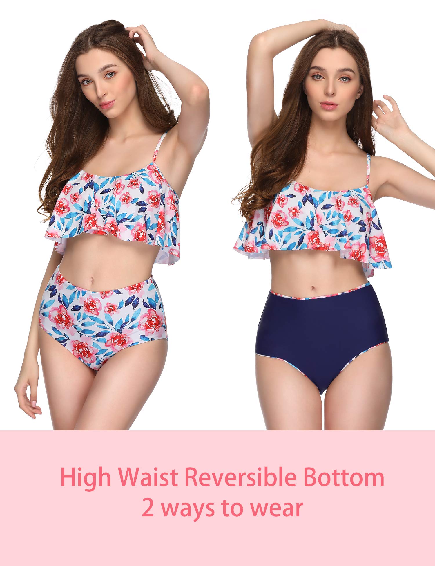 Verano Playa Swimsuits Women Floral Print Tiered Top High Waisted Bottom Two Piece Bikini Set Bathing Suit
