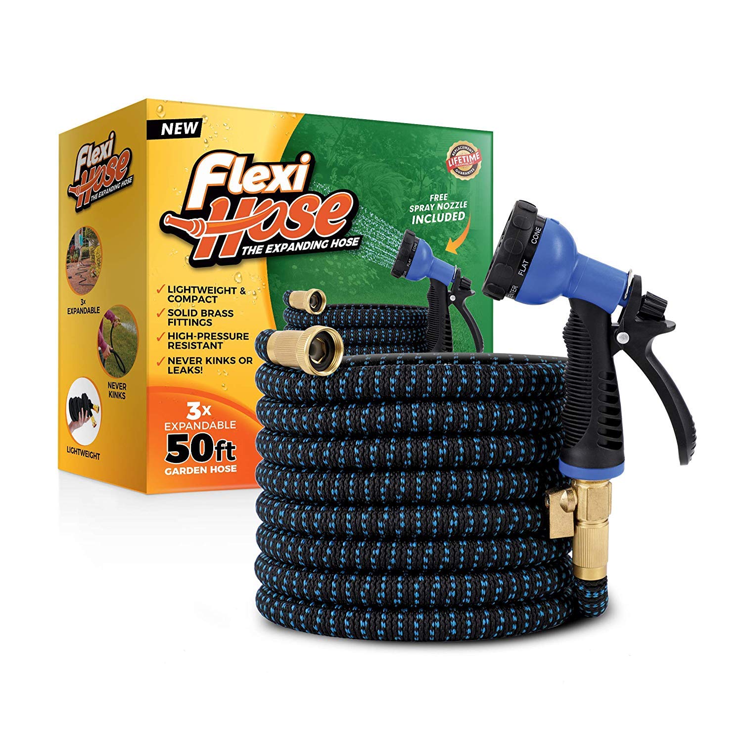 Flexi Hose Expandable Garden Hose with 8 Function Nozzle, 50FT - Lightweight Retractable Garden Hose, Water Hose - No-Kink Flexibility, 3/4 Inch Solid Brass Fittings and Double Latex Core