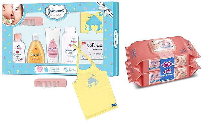 Johnsons Baby Care Collection Baby Gift Set with Organic Cotton Baby T-Shirt (7 Pieces) & Baby Wipes, Pack of 2 (160 Wet Wipes) Combo