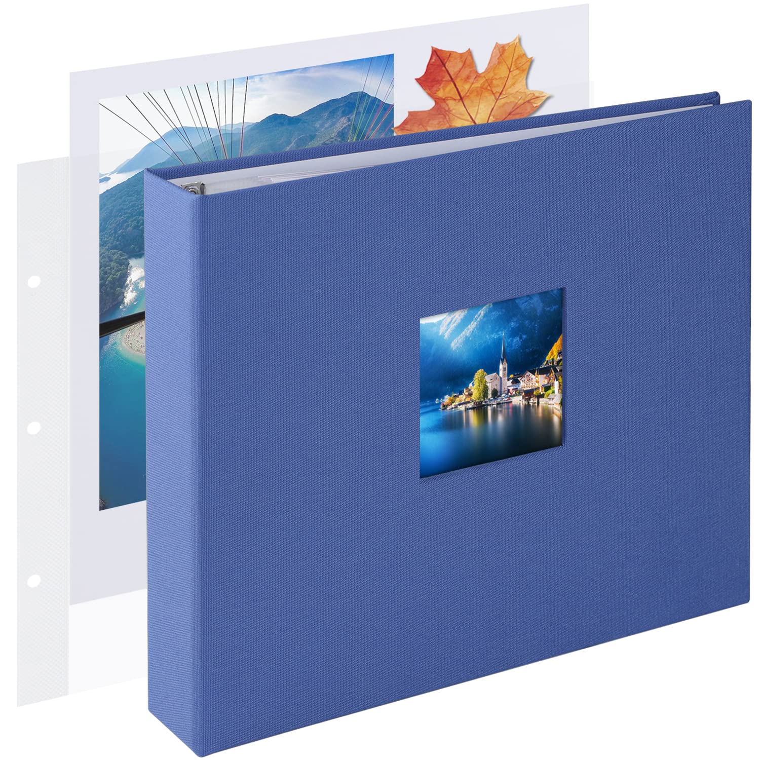 Photo 1 of 1DOT2 8x8 DIY Small 3 Ring Scrapbook Photo Album Journal with 30 Plastic Sleeves 60 Pages and Fabric Cover for Baby Travel Wedding Couple Anniversary Kids Adventure (Blue/White Pages)