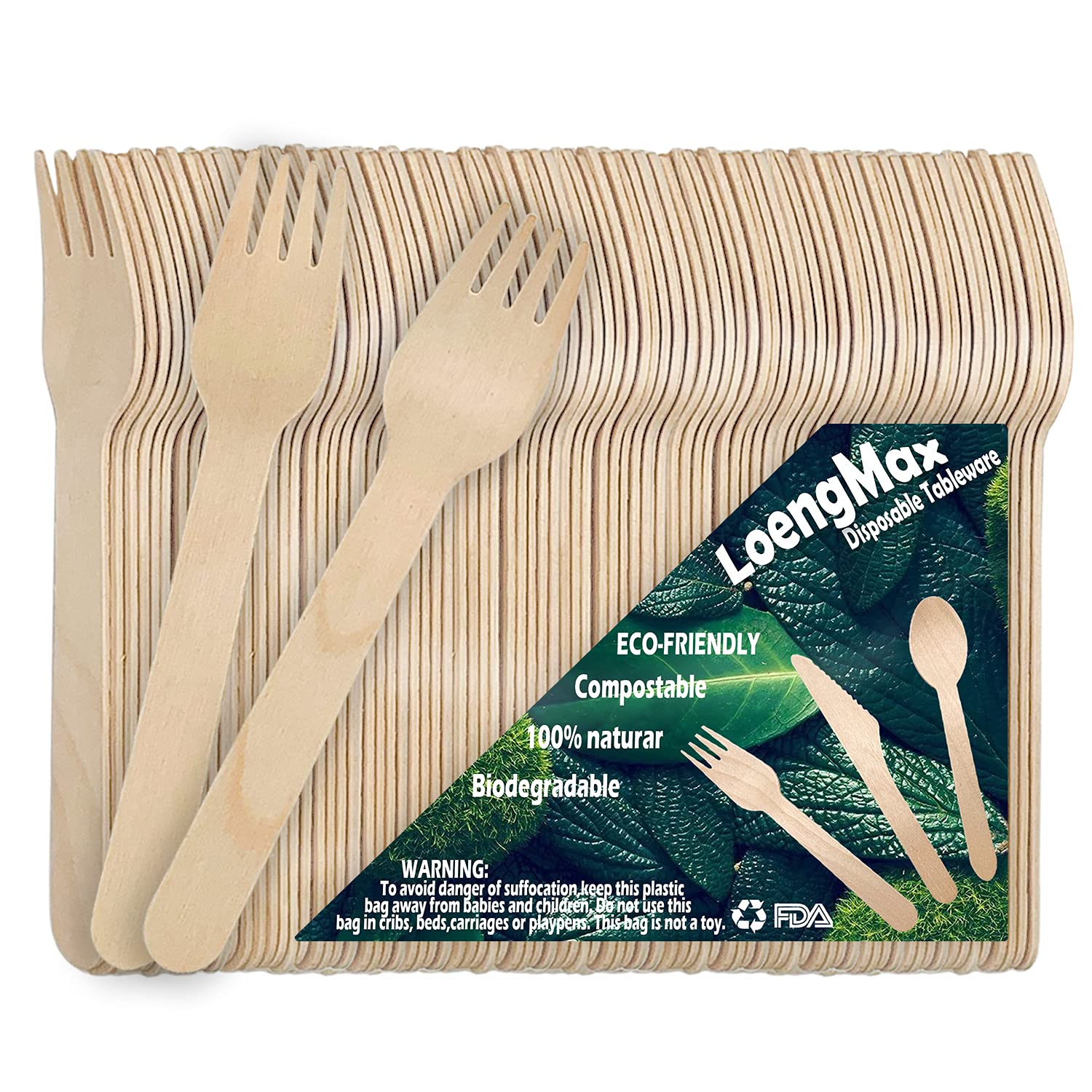 LoengMax Disposable Wooden Forks-100PCS 6" Length-Wood Cutlery Wooden Utensils