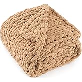 LONG CREATE Chunky Knit Throw Blanket 50"X 60", 100% Handmade with Soft Chenille Yarn, 4.4lbs Thick Cable Knitted Blankets, Large Rope Knot Crochet Throws for Couch Sofa Bed Home Decor, Tan Brown