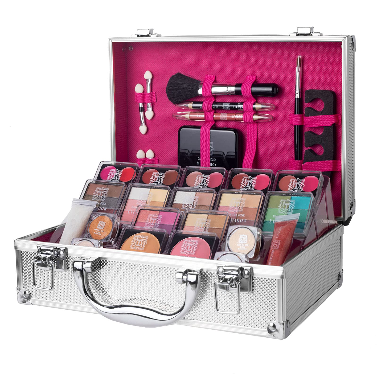 Dawn Till Dusk 80 Pieces Makeup Set with Travel Vanity Box by Envie, Includes Eyeshadow Palette, Lip Gloss, Lipsticks, Manicure Set, Makeup Brushes, Compact Mirror and Much More - (Silver)