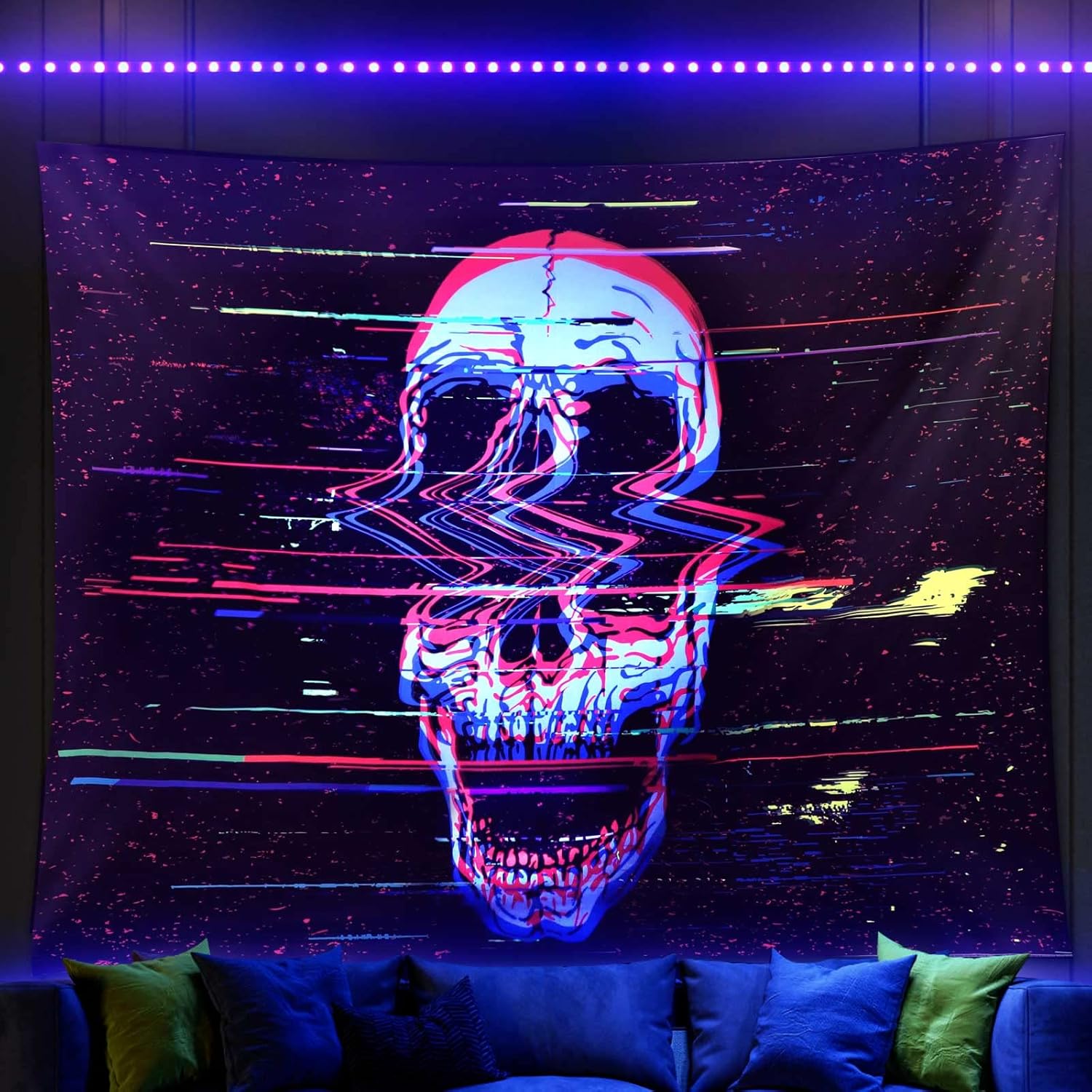 Tapestries - ADDWel Blacklight Skull Tapestry, Black Tapestry Glow In The Dark, UV Reactive Black Light Tapestries Posters Wall Hanging for Bedroom Living Room Party Backdrop Decor(30 * 40inches)