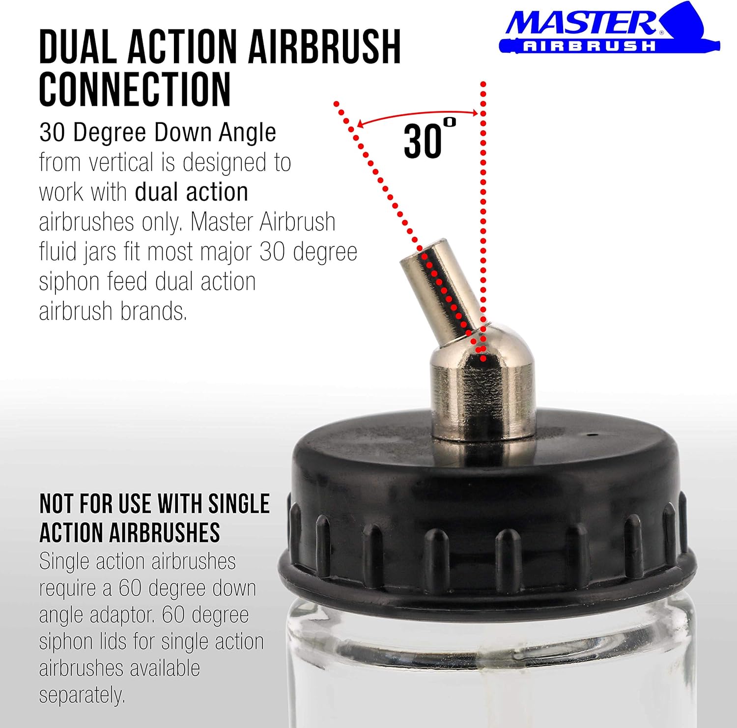Master Airbrush (Pack of 10) TB-002 Empty 3/4 Ounce (22cc) Glass Jar Bottles with 30° Down Angle Adaptor Lid Assembly - Fits Dual-Action Siphon Feed Airbrushes, Use with Master, Badger, Paasche, Iwata: Arts, Crafts & Sewing