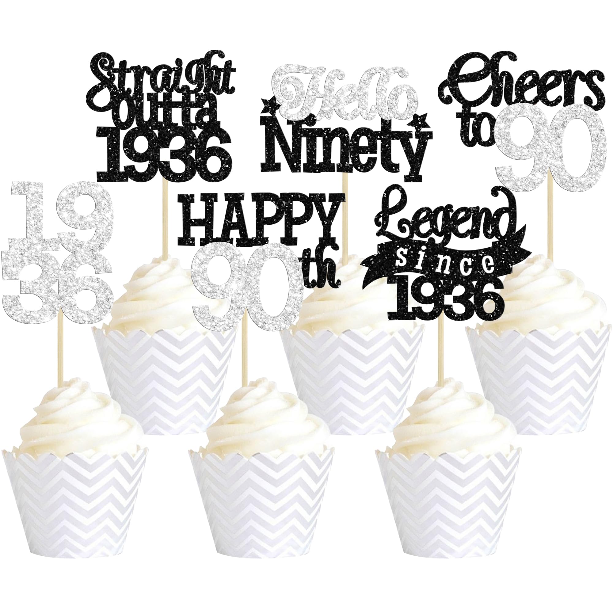 Gyufise 24Pcs Happy 90th Birthday Cupcake Toppers Hello Ninety Legend Since 1936 Cupcake Picks Cheers to 90 Years Cake Decorations for 90th Birthday Anniversary Party Supplies Black Silver