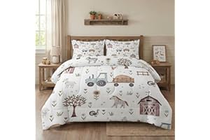 WeCozy Full Size Comforter Set with 2 Pillowcases, Farm Animal Tractor House Tree Soft 3 Pcs Bedding for Kids and Adults Bedr