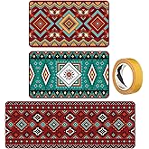 Maasechs 3 Pcs Aztec Western Kitchen Rugs and Mats Set Boho Southwestern Farmhouse Non Slip Rug Geometric Red Turquoise Washable Floor Mat Aztec Western Decor for Kitchen Home Entryway Office Bathroom