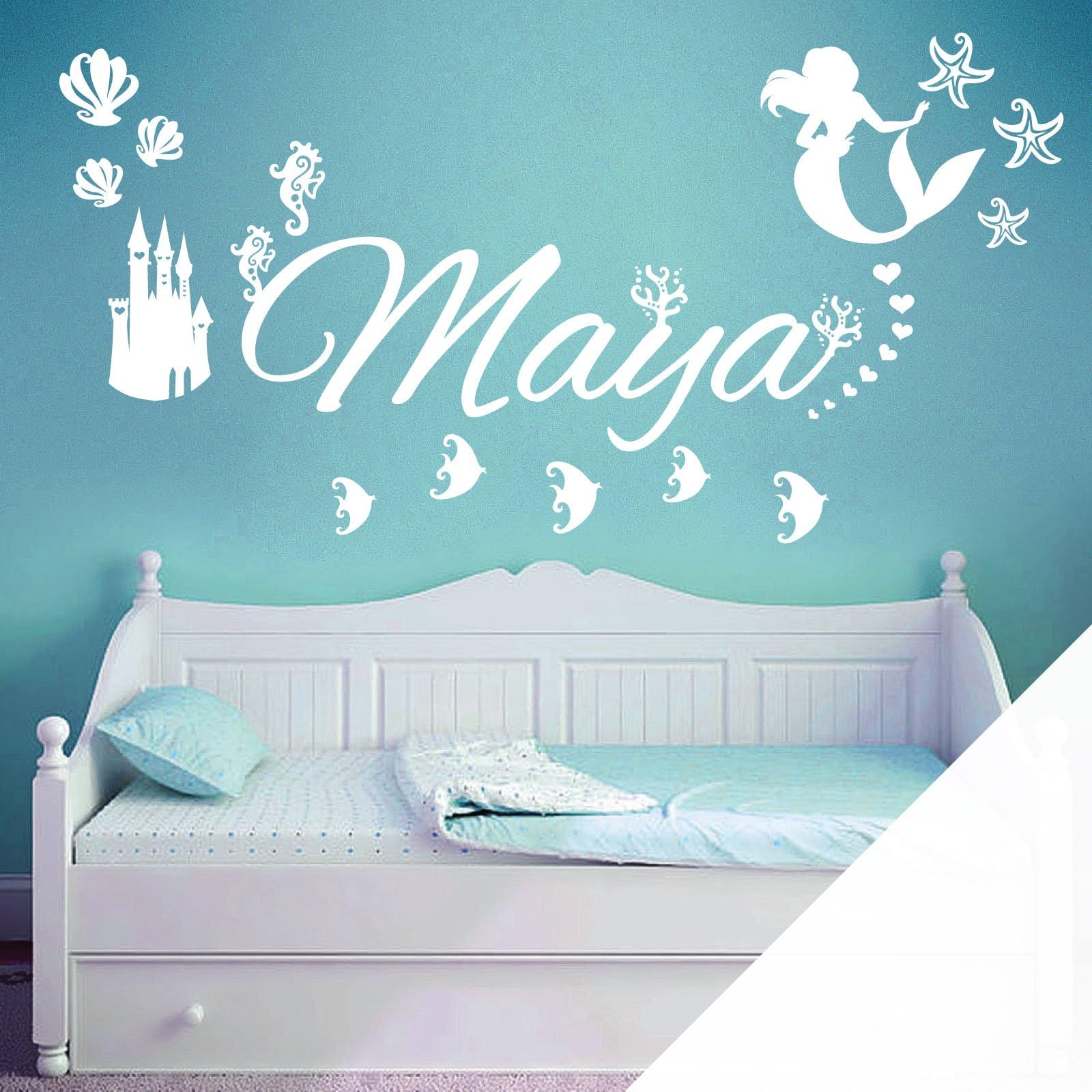 Personalised Name Children Wall Art Sticker - Disney Little Mermaid, Ocean, Castle, Starfish [White]