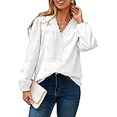 Simplee Womens Dressy Long Sleeve Blouses Casual V Neck Button Floral Lace Embroidered Fall Tops Fashion Shirts