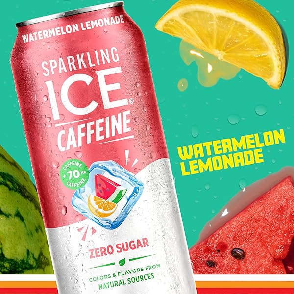 SPARKLING ICE CAFFEINE WATERMELON LEMONADE SPARKLING WATER WITH CAFFEINE, ZERO SUGAR, WITH ANTIOXIDANTS AND VITAMINS,16 FL OZ CANS (PACK OF 12)