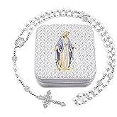 SUTANALE 8mm Pearl Rosary Necklace Catholic Jewelry - Blessed Virgin Mary Beaded Necklace for Women, First Communion Baptism Gift with Prayer Card & Storage Box