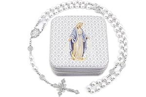 SUTANALE 8mm Pearl Rosary Necklace Catholic Jewelry - Blessed Virgin Mary Beaded Necklace for Women, First Communion Baptism Gift with Prayer Card & Storage Box