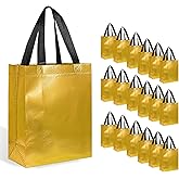 【18-Pack Golden】 Reusable Gift Bags with Handles, Bulk Goodie Bags for Valentines Day, Baby Shower, Birthday, Party Favors, Wedding, Holiday Goodie | 8x4x10 Inches | 18 Premium Golden Bag | Eco-Friendly
