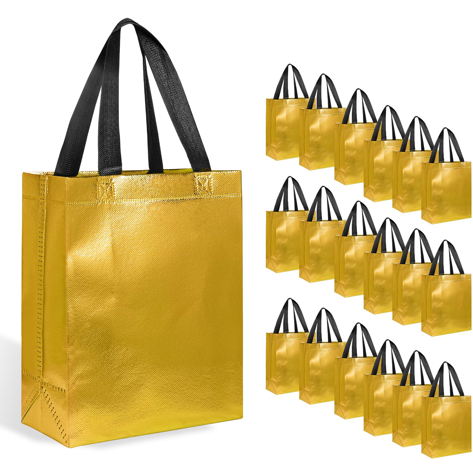 Photo 1 of ?18-Pack Golden? Reusable Gift Bags with Handles, Bulk Goodie Bags for Valentines Day, Baby Shower, Birthday, Party Favors, Wedding, Holiday Goodie | 8x4x10 Inches | 18 Premium Golden Bag | Eco-Friendly
