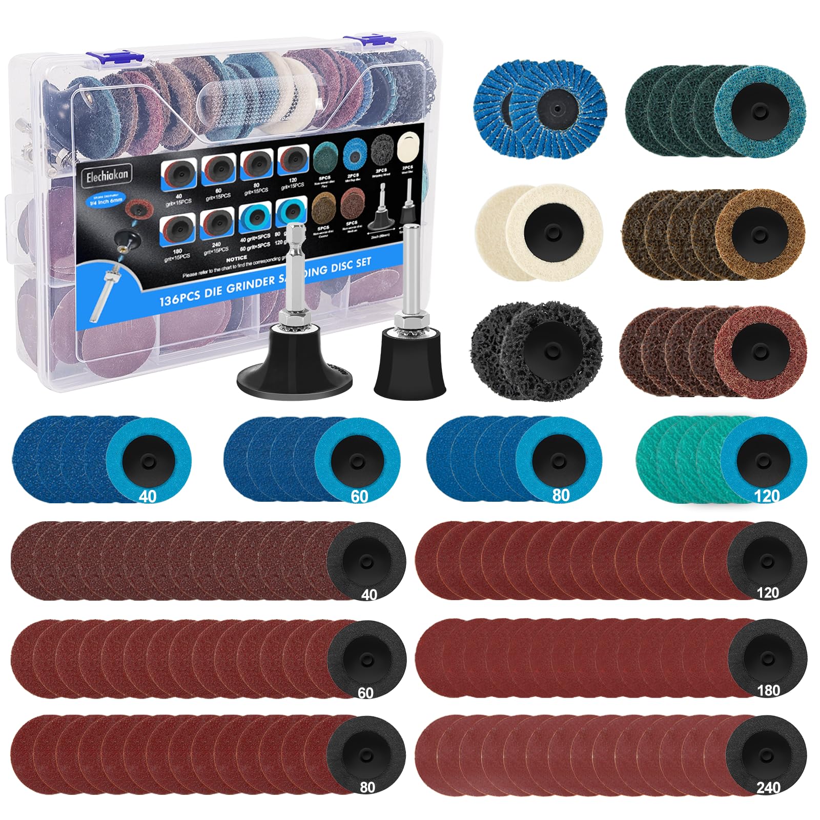 Photo 1 of 136 PCS 2 Inch Die Grinder Sanding Discs Bits Accessories, Quick Change Disc with 1/4 Roll Lock for Milwaukee Dewalt Right Angle Die Grinder M12, Drill Sanding Attachment Surface Conditioning Tool