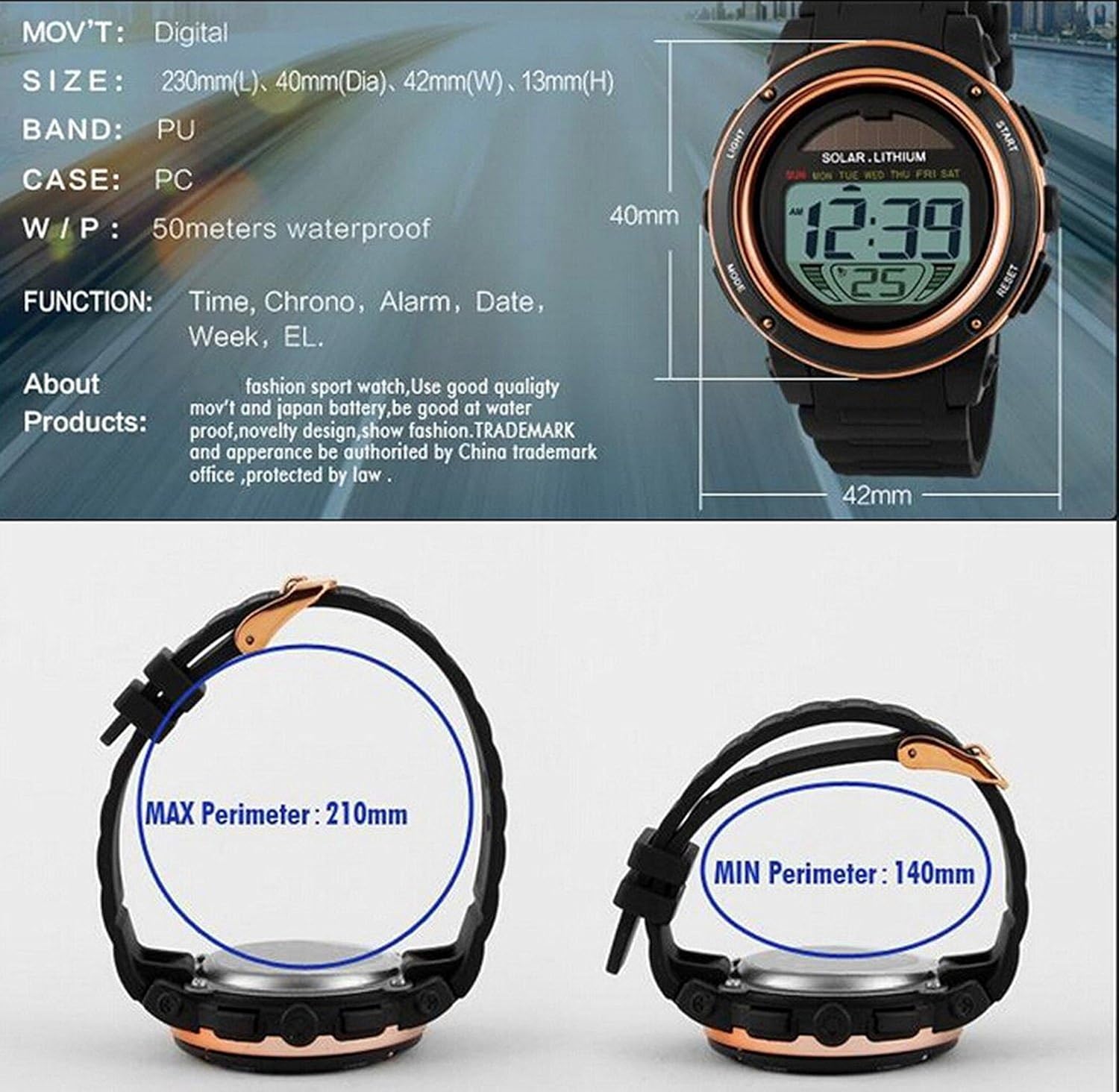 Fanmis Multi Function Alarm Stopwatch Digital LED Quartz Watch Solar Power Black Sports Watches (Blue): Watches