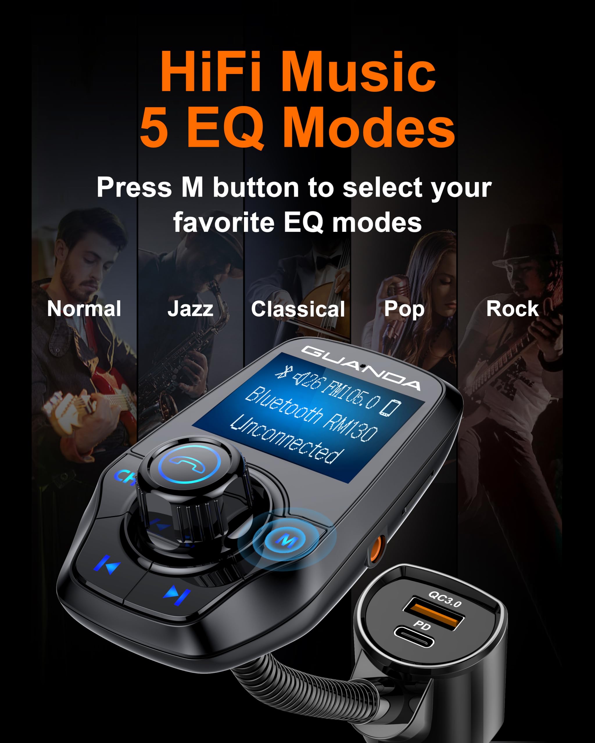 FM-Transmitter Bluetooth 5.3 für Autos, Bluetooth-Radioadapter-Transmitter für Autos, kabelloser Audio-Transmitter und -Empfänger, 1,44-Zoll-Display, AUX-EIN-/Ausgang, SD-/TF-Karte, USB-C-Ladegerät 7