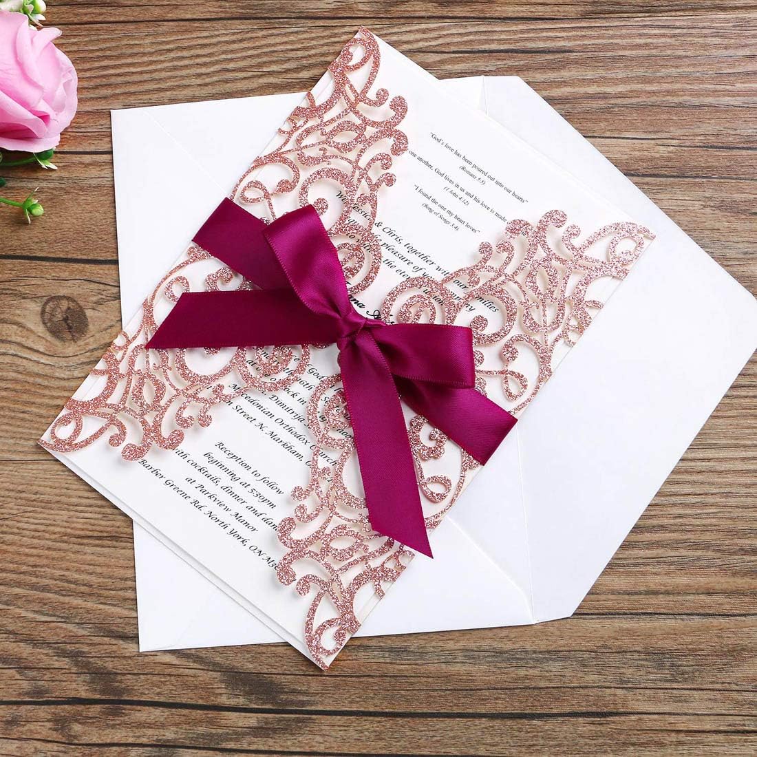 Jofanza 5X7.2 Inch 20PCS Laser Cut Lace Wedding Invitation Cards with Ribbon and Envelopes for Bridal Shower Engagement Graduation Sweet 16 Birthday Invites (Rose Gold Glitter) - Image 5