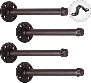HooLink Industrial Bronze Iron Pipe Shelf Brackets 4 Pack DIY Authentic Pipe Bracket Wall Mounted Shelving Brackets Heavy Duty Rustic Home Pipe Decor for Floating Shelves 8 inch