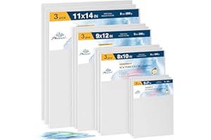 PHOENIX Watercolor Canvas Boards for Painting - 12 Multi Sizes Pack, 5x7,8x10,9x12,11x14 Inch, 100% Cotton Water Color Panels, 8 Oz. / 260g White Blank Medium Texture Flat Canvases