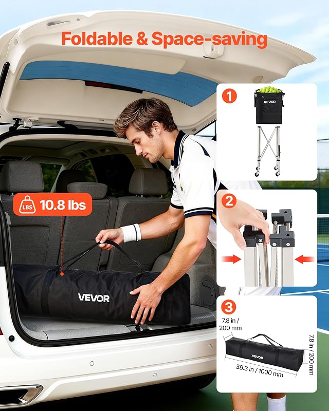 Panier à Balles de Tennis avec roulettes, Capacité de 200 Balles, Chariot Pliable Ramasse-Balles en Acier INOX, Panier Portable pour Entraînement de Tennis et Pickleball, avec Sac de Rangement