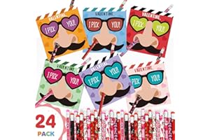 Joyseller Funny Nose Picking Valentines Day Gifts for Kids - 24 Valentines Day Cards & 24 Pencils - I Pick You Mustache Glasses Valentines Day Cards for Kids School Classroom Activity