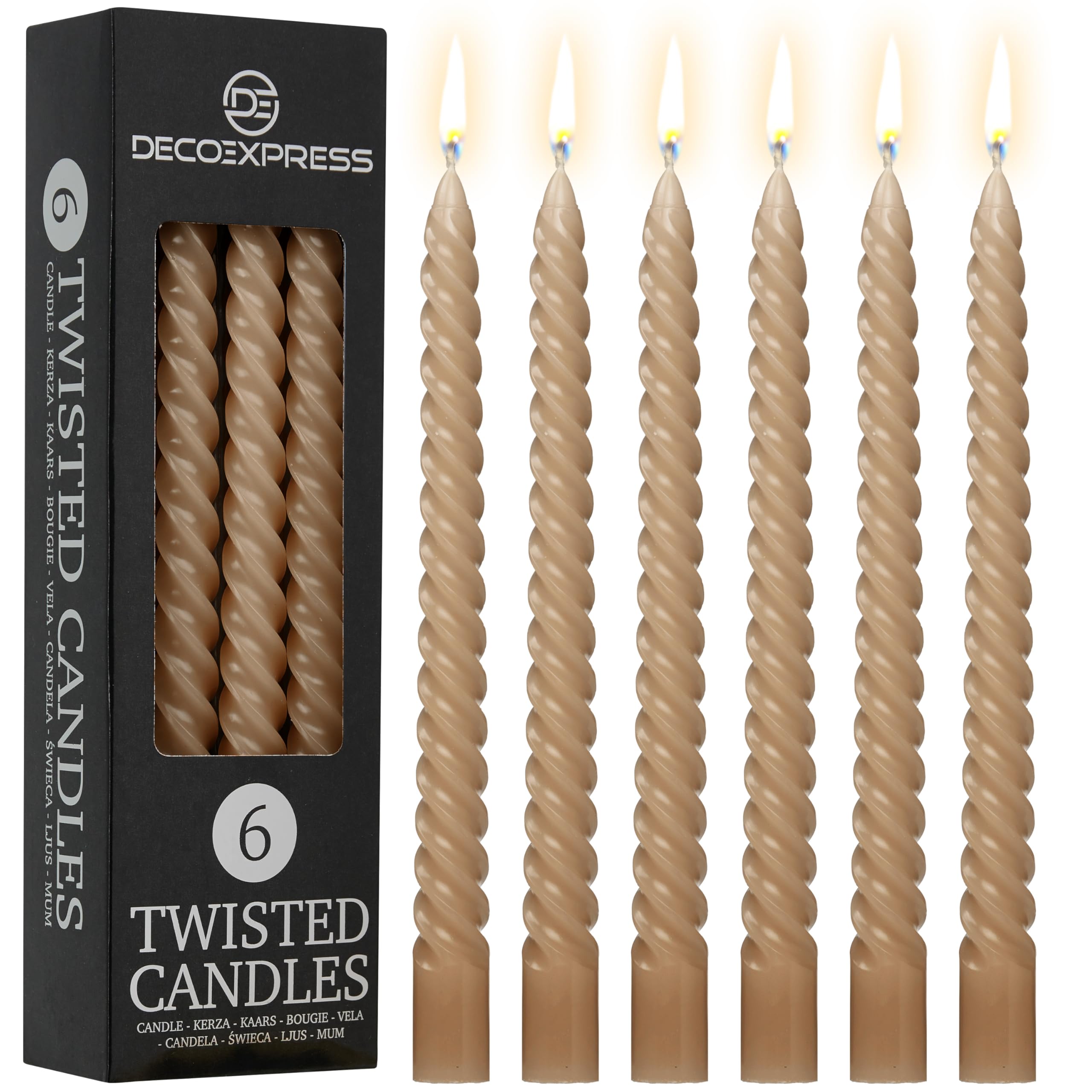 DECO EXPRESS Candles, Pack of 6 Dinner Candles, Non Drip Twisted & Non Scented, Long 6 Hours Burning Time, Cosy Home Decor, Valentine’s Day & Mother’s Day Gifts (Brown, Pack of 6)