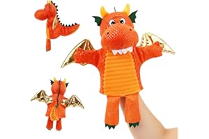 June Garden Plush Dragon Hand Puppet – Orange Fantasy Storytelling Toy with Golden Wings – Pretend Play Adventure for Toddler