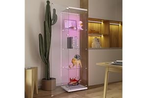 nifoti 65" H 4-Shelf LED Lights Strip Glass Display Cabinet with Lock & Casters, Modern Wooden Curio Storage Cabinet Collection Display Case, Tempered Glass Bookshelf Case for Living Room(White)