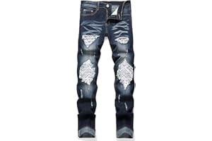 OIIIO Men's Patch Ripped Stretch Regular Fit Jean