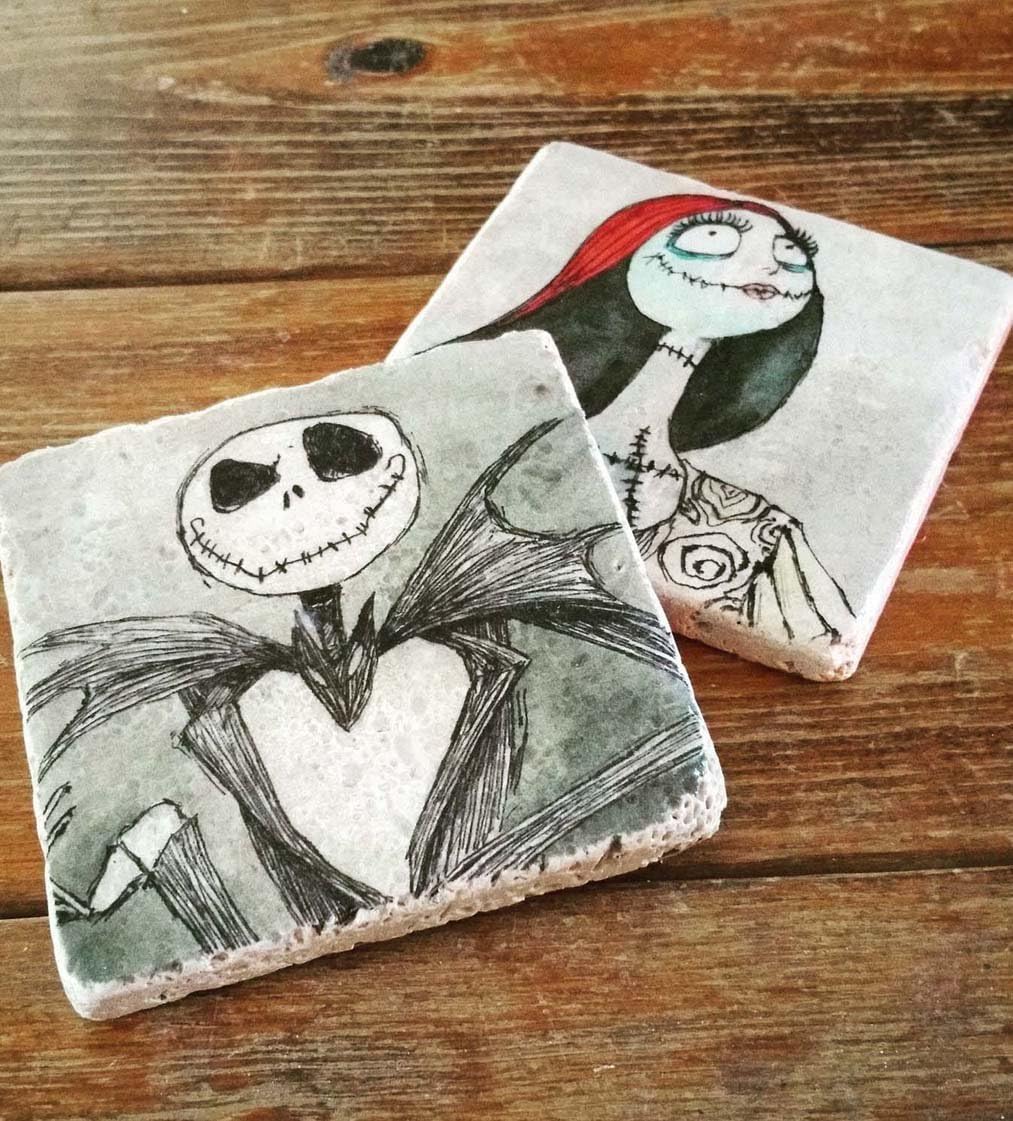 Jack & Sally Drink Coaster Set of 2 Nightmare Before Christmas Inspired Gift