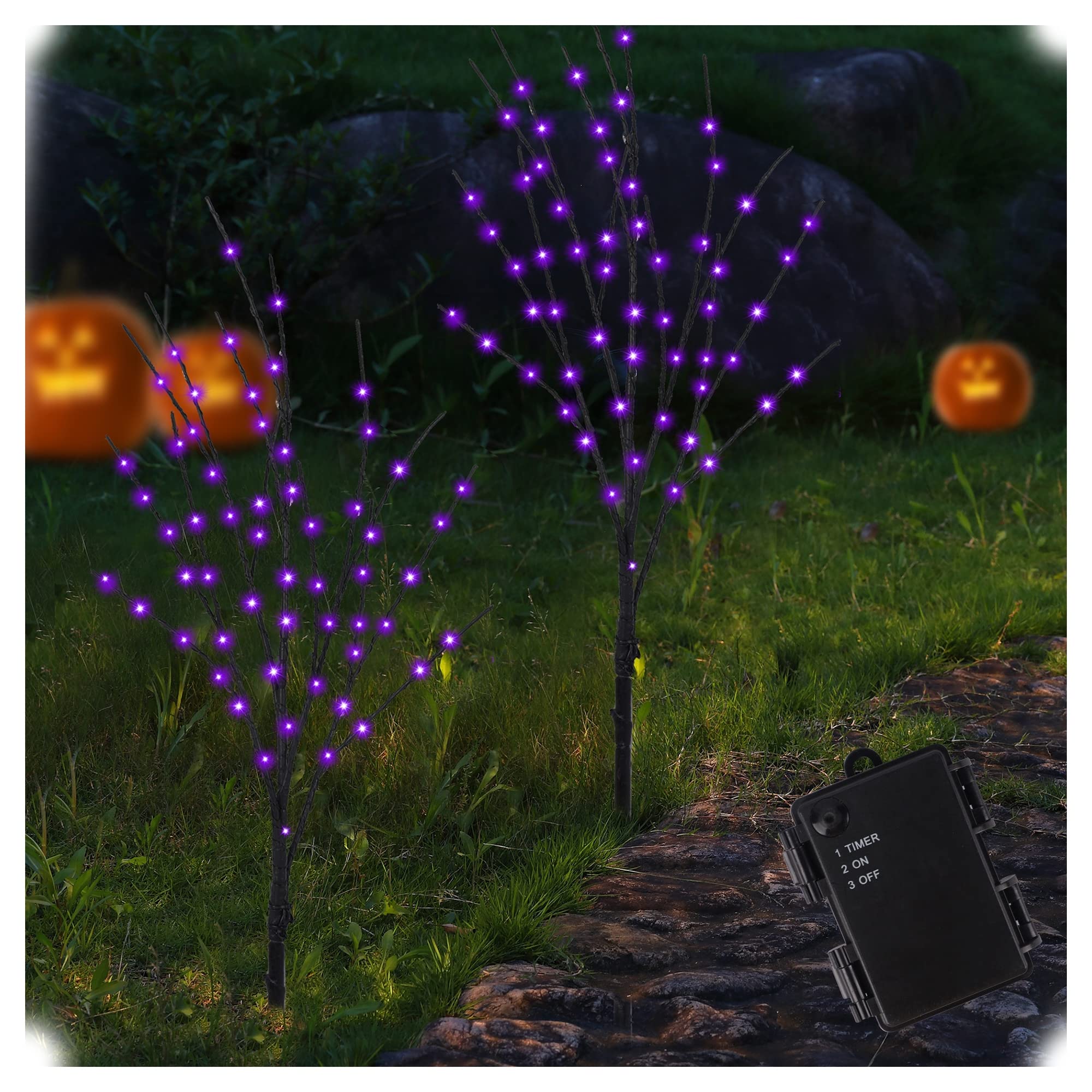 Photo 1 of Lighted Halloween Tree Branches, 30IN 100LED Artificial Black Twig Branch with Purple Fairy Lights, Built-in Timer & Battery Operated, Waterproof for Indoor Outdoor Office Bedroom Party Decorations