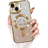Fiyart Designed for iPhone 15 Plus Case,Compatible with MagSafe Love Heart Plating Camera Protection TPU Magnetic Glitter for Women Girls Shockproof Phone Bumper 6.7"-Gold