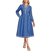 Women's Fall Floral Midi Dress Casual Long Sleeve V Neck A Line Elastic Waist Flowy Boho Dresses