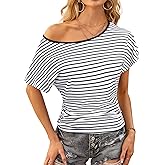 LilyCoco Womens Off The Shoulder Crop Top Sexy Asymmetrical Ruched Cinched Waist Shirts