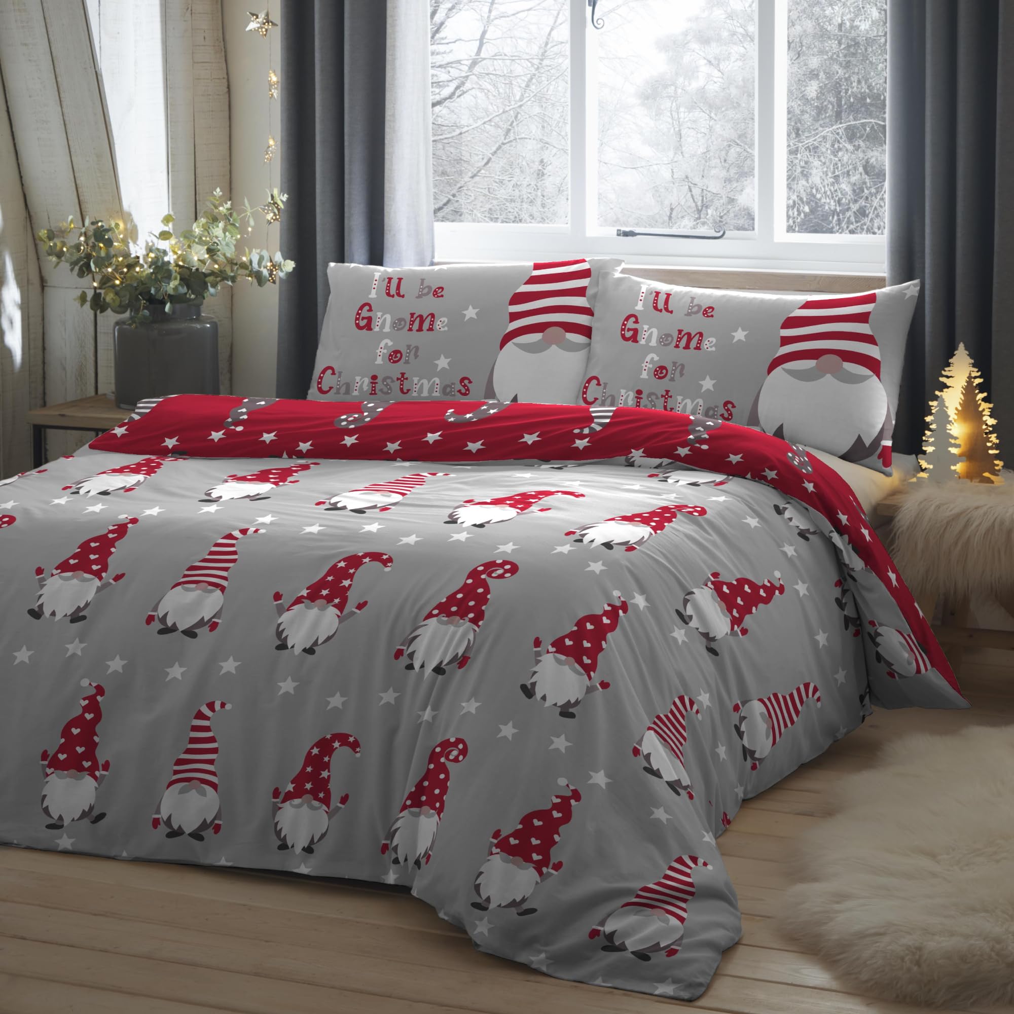 Fusion Christmas - Xmas Gonks - 100% Brushed Cotton Duvet Cover Set -2 pieces, Single Bed Size in Silver, GFCSV11PZU, Gnome Silver