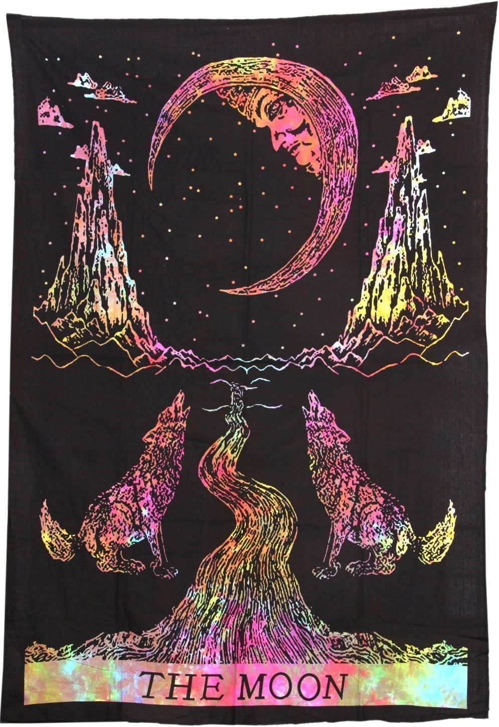 Anokhiart Crying Wolf of The Moon Tapestry Multi Color Tie Dye Wall Hanging Bohemian Bed Sheet Ethnic Bedspread Wall Art Indian Designer Tapestries